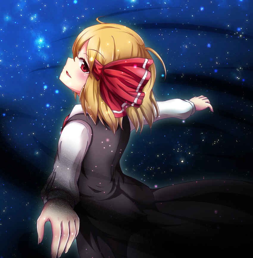 blonde_hair dark hair_ribbon hyoumon_(saihokutan) looking_back open_mouth outstretched_arms red_eyes ribbon rumia solo touhou