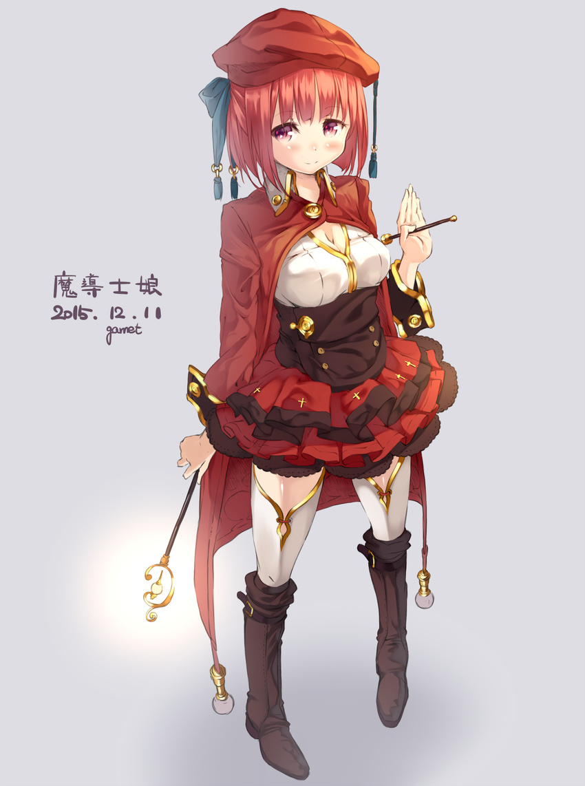2015 boots breasts cleavage dated garnet hat highres knee_boots medium_breasts original red_eyes red_hair solo thighhighs
