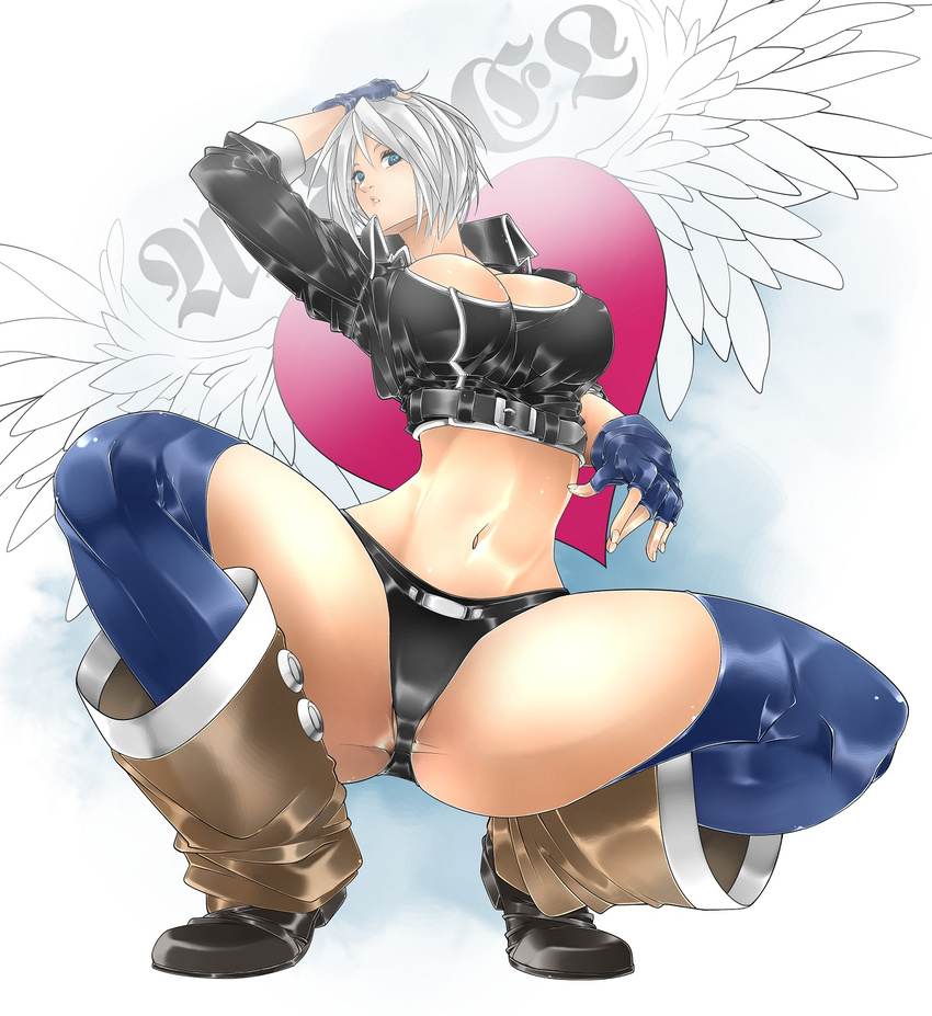angel_(kof) black_panties blue_eyes boots breasts cai-man chaps cleavage commentary_request cowboy_boots cropped_jacket fingerless_gloves full_body gloves highres jacket large_breasts leather leather_jacket midriff navel panties silver_hair solo spread_legs squatting the_king_of_fighters underwear