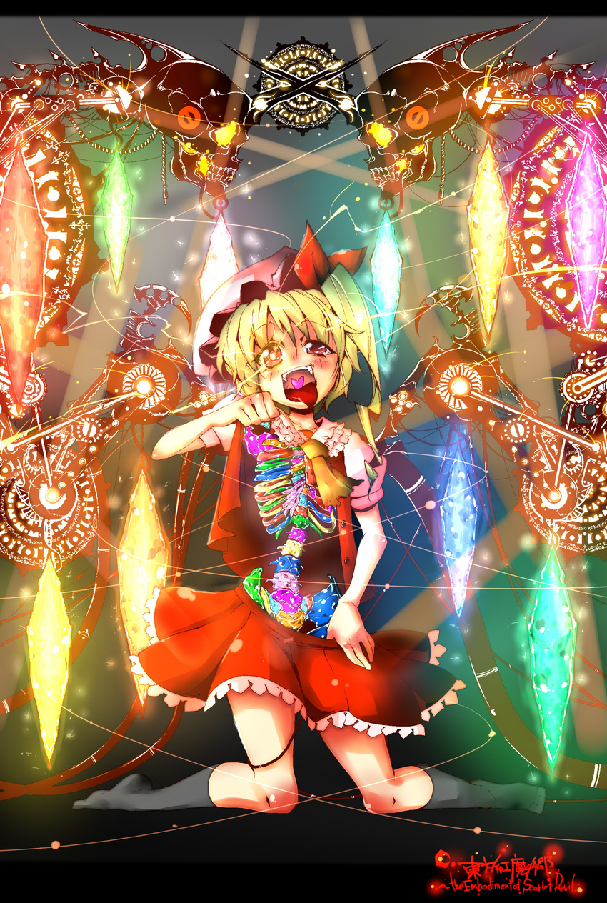 acid_trip alternate_wings blonde_hair colorful flandre_scarlet glowing hat heart heart_in_mouth highres hokuto_(scichil) kneeling open_mouth ponytail red_eyes shirt_lift short_hair side_ponytail skeleton skull solo touhou what wings