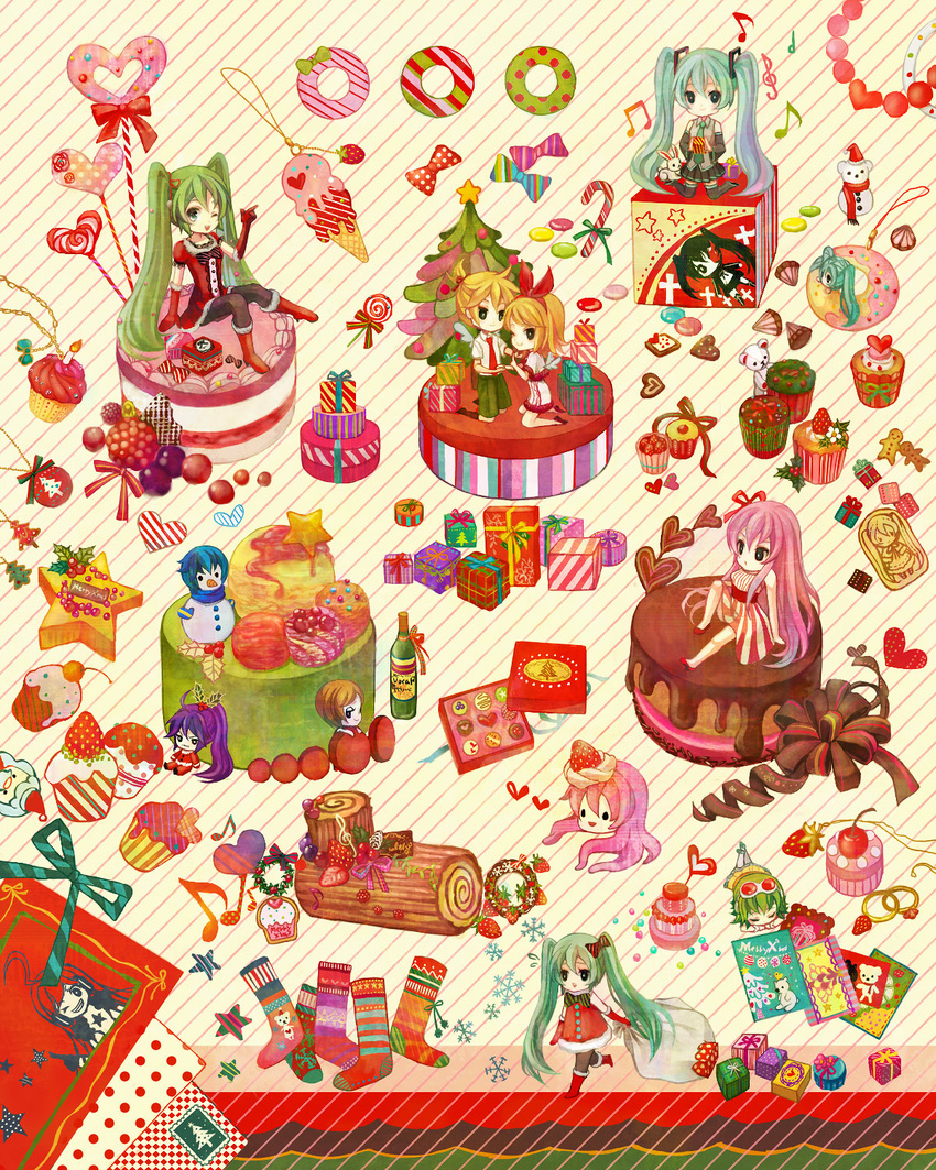 6+girls ahoge anko_kinako apollo_chocolate aqua_eyes aqua_hair beamed_eighth_notes black_rock_shooter black_rock_shooter_(character) blonde_hair boots bow brown_hair cake candy candy_cane cherry chibi christmas christmas_stocking christmas_tree cupcake detached_sleeves double_scoop doughnut dress eighth_note elbow_gloves food fruit gift gloves goggles goggles_on_head green_hair gumi hair_bow hat hatsune_miku headset highres ice_cream ice_cream_cone in_food kagamine_len kagamine_rin kaito kamui_gakupo long_hair megurine_luka meiko mittens multiple_boys multiple_girls multiple_persona musical_note necktie pantyhose pastry pink_hair ponytail purple_hair red_hair ribbon santa_costume santa_hat scarf sf-a2_miki short_hair shorts skirt snowman star strawberry stuffed_animal stuffed_toy sweets takoluka tentacles thighhighs treble_clef twintails very_long_hair vocaloid wings