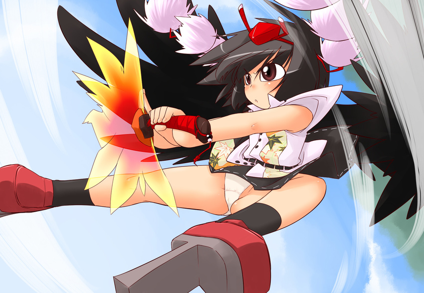 bad_id bad_pixiv_id black_hair black_wings blush geta hamahara_yoshio hat highres looking_away panties red_eyes serious shameimaru_aya short_hair solo tengu-geta tokin_hat touhou underwear wings