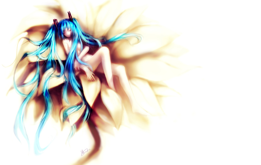 aqua_hair bad_id bad_pixiv_id breasts closed_eyes hatsune_miku highres legs lips long_hair medium_breasts nipples nude solo twintails urami very_long_hair vocaloid