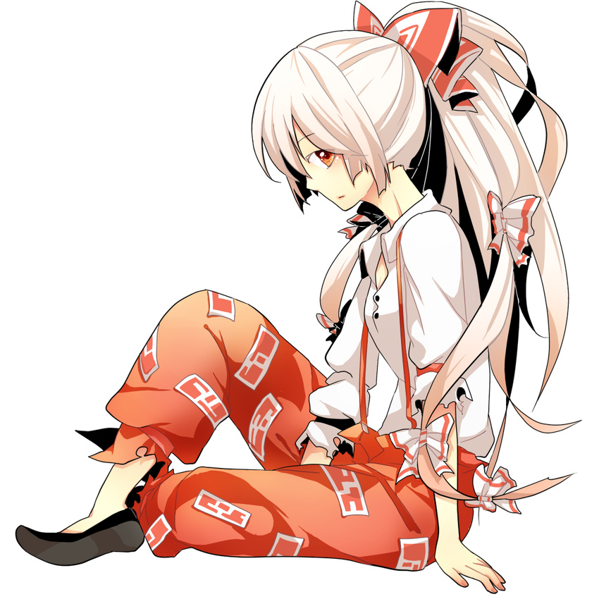 bad_id bad_pixiv_id bow fujiwara_no_mokou full_body hair_bow long_hair ponytail profile red_eyes sitting solo sorakura_shikiji suspenders torn_clothes touhou transparent_background white_hair