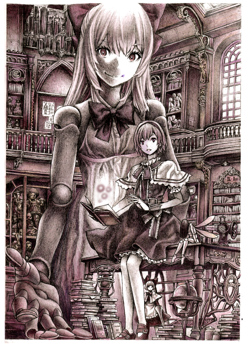 alice_margatroid book book_stack doll doll_joints goliath_doll highres monochrome nobita purple shanghai_doll solo spell_card touhou traditional_media