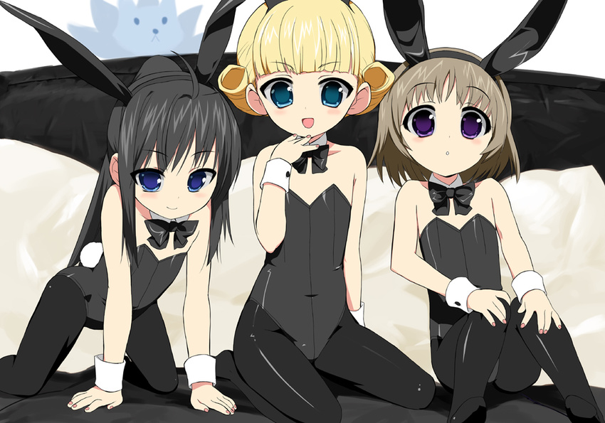 amatsuka_mari amatsuka_mizuki amatsuka_sakura animal_ears baby_princess black_hair blonde_hair blue_eyes bow bowtie brown_hair bunny_ears bunny_girl bunnysuit flat_chest green_eyes kusaka_souji multiple_girls nail_polish pantyhose pink_nails purple_eyes short_hair wrist_cuffs