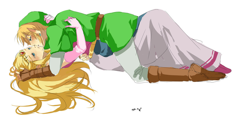 1girl blonde_hair blue_eyes couple earrings elbow_gloves gloves hat hetero hug jewelry kiss link long_hair muse_(rainforest) pointy_ears princess_zelda saliva the_legend_of_zelda