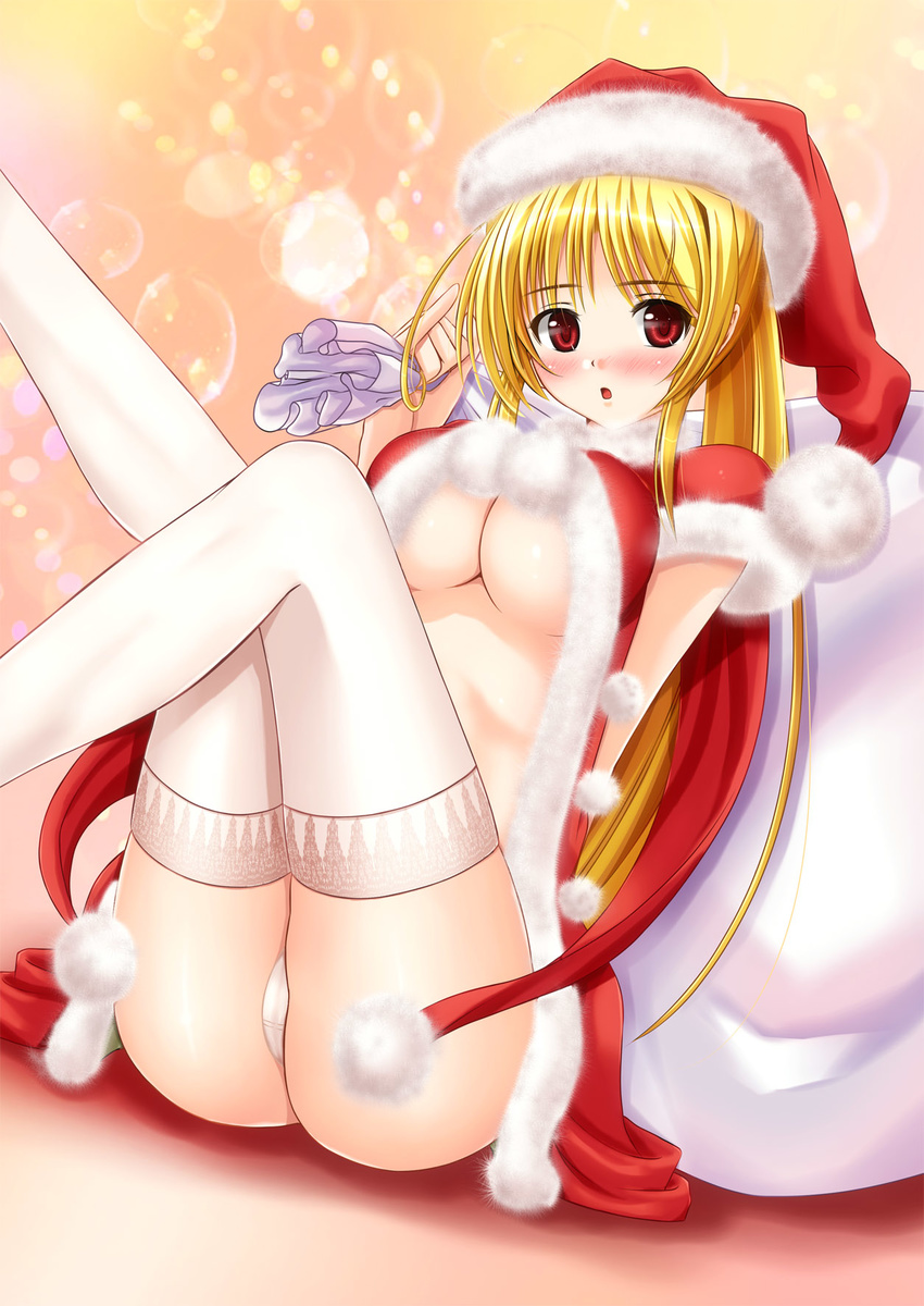 bad_id bad_pixiv_id blonde_hair blush breasts cameltoe christmas cleavage cynthia_marguerite highres long_hair medium_breasts mikuni_mizuki panties ponytail red_eyes santa_costume solo thighhighs underboob underwear yoake_mae_yori_ruri_iro_na