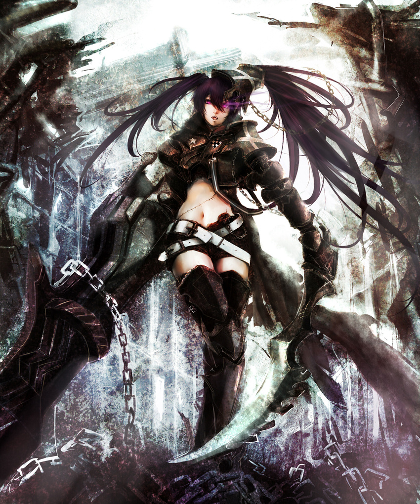 absurdres armor belt black_hair black_rock_shooter burning_eye chain highres insane_black_rock_shooter koukyou loose_belt navel scar shorts solo stitches thighhighs