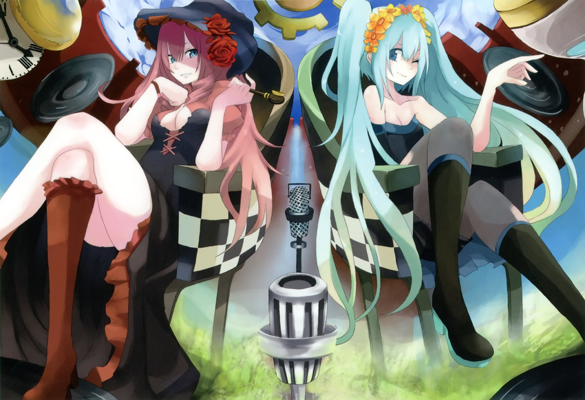 aqua_eyes aqua_hair bare_shoulders blue_eyes boots breasts chair checkered cleavage crossed_legs flower grass hatsune_miku highres long_hair medium_breasts megurine_luka microphone microphone_stand multiple_girls one_eye_closed pantyhose pink_hair pipe rose shoes single_shoe sitting tansuke twintails very_long_hair vocaloid