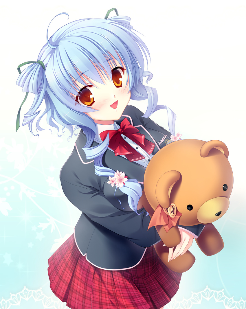 ahoge bad_id bad_pixiv_id blue_hair blush bow doll doll_hug drill_hair flower futaori_arisa hair_ribbon highres looking_up orange_eyes original plaid plaid_skirt ribbon school_uniform skirt smile solo stuffed_animal stuffed_toy teddy_bear