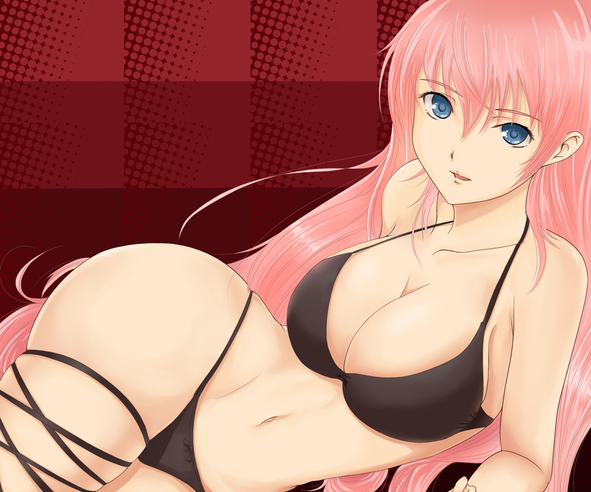 bad_id bad_pixiv_id bikini blue_eyes breasts cleavage curvy large_breasts long_hair narrow_waist original pink_hair ribbon skindentation solo swimsuit tachibana_omina thigh_ribbon very_long_hair wide_hips