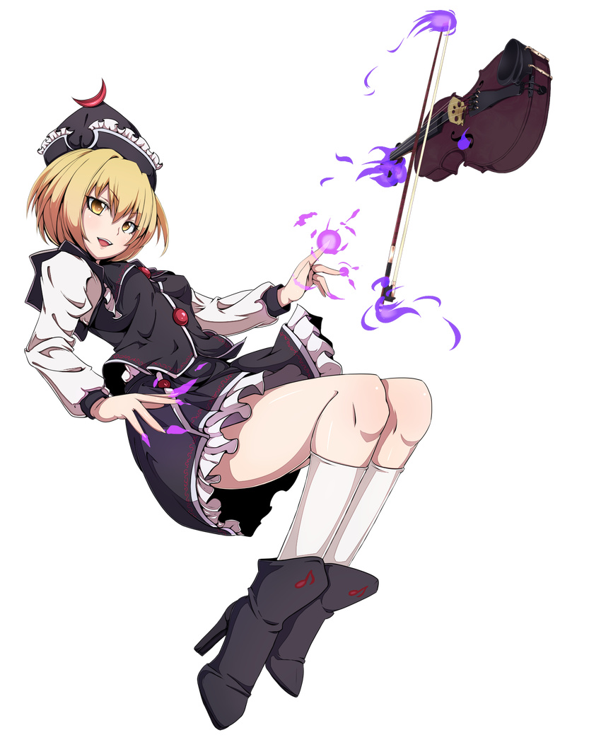blonde_hair bow_(instrument) full_body hat high_heels highres instrument legs lunasa_prismriver md5_mismatch musical_note nikka_(cryptomeria) shoes short_hair smile solo thighs touhou transparent_background violin yellow_eyes