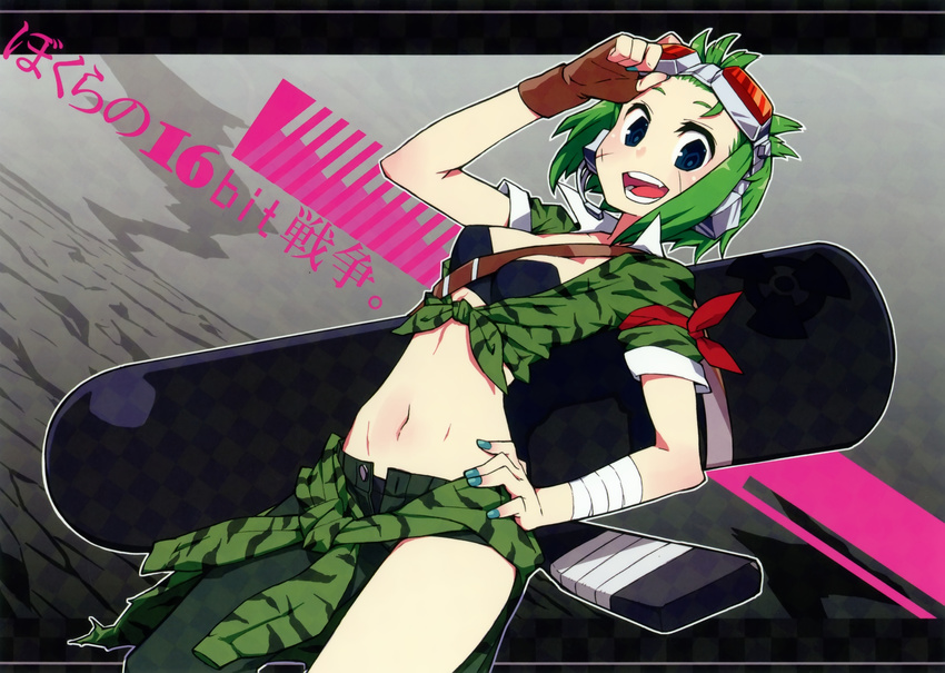 aqua_nails asymmetrical_clothes bokura_no_16bit_warz_(vocaloid) bustier chan_co checkered cowboy_shot fang fingerless_gloves front-tie_top gloves goggles goggles_on_head green_hair gumi highres lingerie midriff nail_polish navel open_mouth shirt single_pantsleg smile solo tied_shirt underwear vocaloid