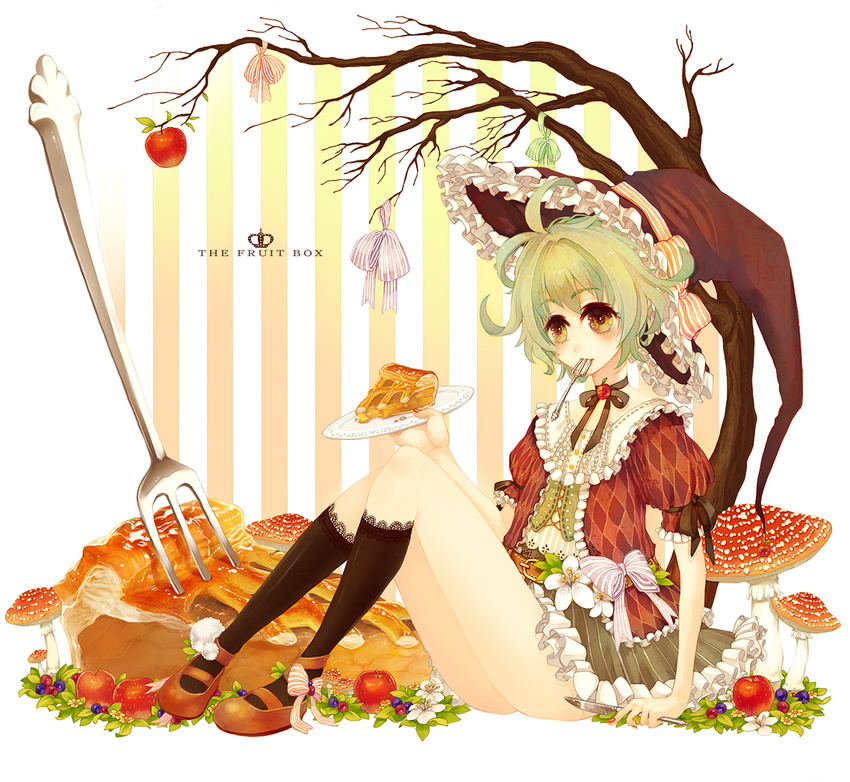 apple argyle bad_id bad_pixiv_id bare_tree belt black_legwear brown_eyes choker flower fly_agaric food fork fork_in_mouth frilled_sleeves frills fruit full_body green_hair hat hat_ribbon holding holding_plate knees_up knife lace-trimmed_kneehighs manbou_no_suiso mushroom original pie plate puffy_short_sleeves puffy_sleeves red_footwear ribbon ribbon_choker shoes short_hair short_sleeves sitting skirt solo striped striped_background striped_ribbon tree vertical-striped_background vertical_stripes witch_hat
