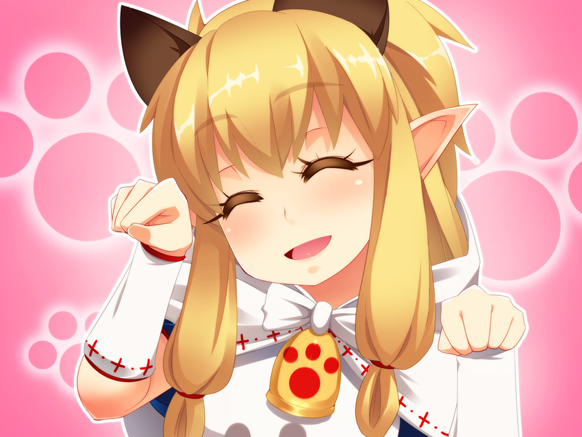 animal_ears bell blonde_hair capelet cat_ears closed_eyes commentary_request extra_ears gauntlets hayashi_custom head_tilt meowstress monster_hunter monster_hunter_x open_mouth partial_commentary paw_pose paw_print pointy_ears smile solo upper_body