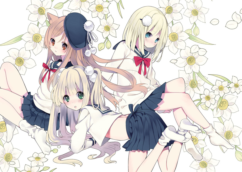 animal_ears blonde_hair blue_eyes brown_hair flower hat highres long_hair midriff multiple_girls original red_eyes rugo school_uniform short_hair simple_background