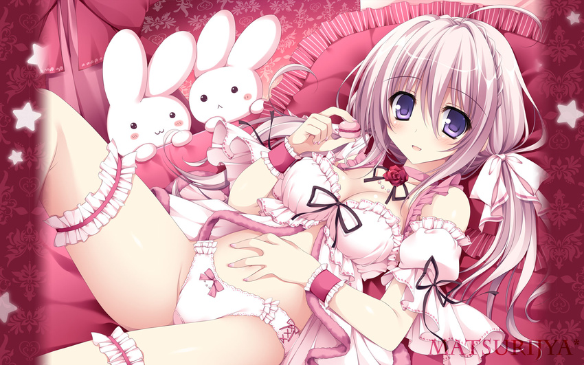 :&lt; :3 :d ahoge babydoll blush_stickers braid breasts choker detached_sleeves food frilled_pillow frilled_sleeves frills hair_ribbon hand_on_own_stomach highres holding holding_food leg_garter low_twintails lying macaron medium_breasts nanaroba_hana on_back open_mouth original panties pillow pink_hair puffy_detached_sleeves puffy_sleeves purple_eyes ribbon smile solo star stuffed_animal stuffed_bunny stuffed_toy twintails underwear white_panties wrist_cuffs