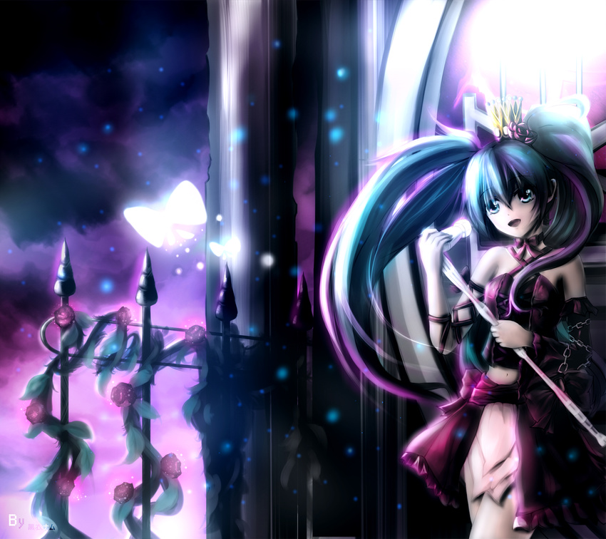 absurdres bad_id bad_pixiv_id blue_eyes blue_hair bug butterfly crown hatsune_miku highres insect k.syo.e+ long_hair microphone navel open_mouth project_diva_(series) project_diva_2nd solo twintails vintage_dress_(module) vocaloid