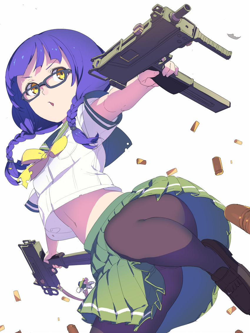 aiming bangs black-framed_eyewear black_legwear blouse bow bowtie braid brown_footwear bullet crop_top crop_top_overhang dual_wielding finger_on_trigger glasses green_skirt gun hair_over_shoulder highres hisho_collection holding holding_gun holding_weapon loafers long_hair looking_away looking_to_the_side mac-10 machine_pistol midriff miniskirt nagisa_kurousagi navel original outstretched_arms pantyhose pleated_skirt purple_hair school_uniform serafuku shell_casing shoes short_sleeves simple_background skirt solo spread_arms submachine_gun torn_clothes twin_braids upshirt upskirt vertical_foregrip weapon white_background white_blouse yellow_bow yellow_eyes yellow_neckwear