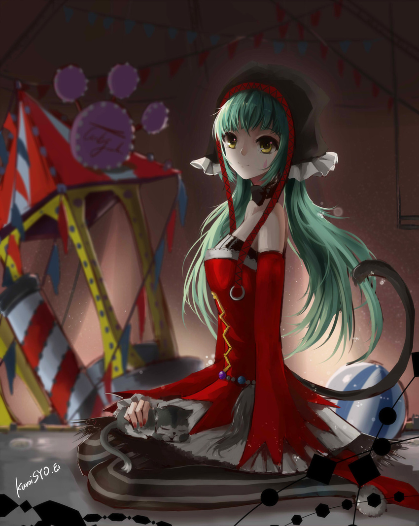 absurdres animal_hood aqua_hair bad_id bad_pixiv_id cat_hood cat_tail dress hatsune_miku highres hood k.syo.e+ long_hair looking_at_viewer project_diva_(series) project_diva_f red_dress solo striped striped_legwear tail vocaloid yellow_eyes