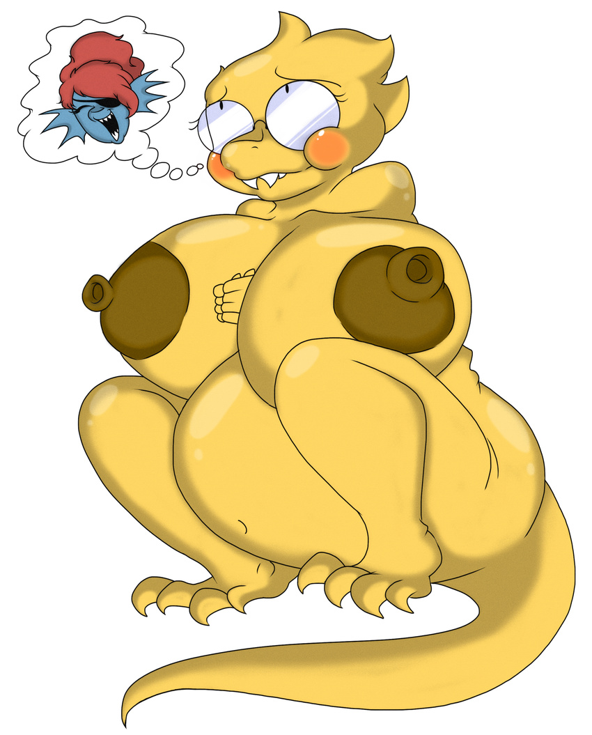 2015 alphys anthro belly big_breasts blpanda blush breasts cute eyewear female fin fish hair mammal marine monster nipples overweight red_hair reptile scalie sharp_teeth slightly_chubby teeth undertale undyne video_games voluptuous