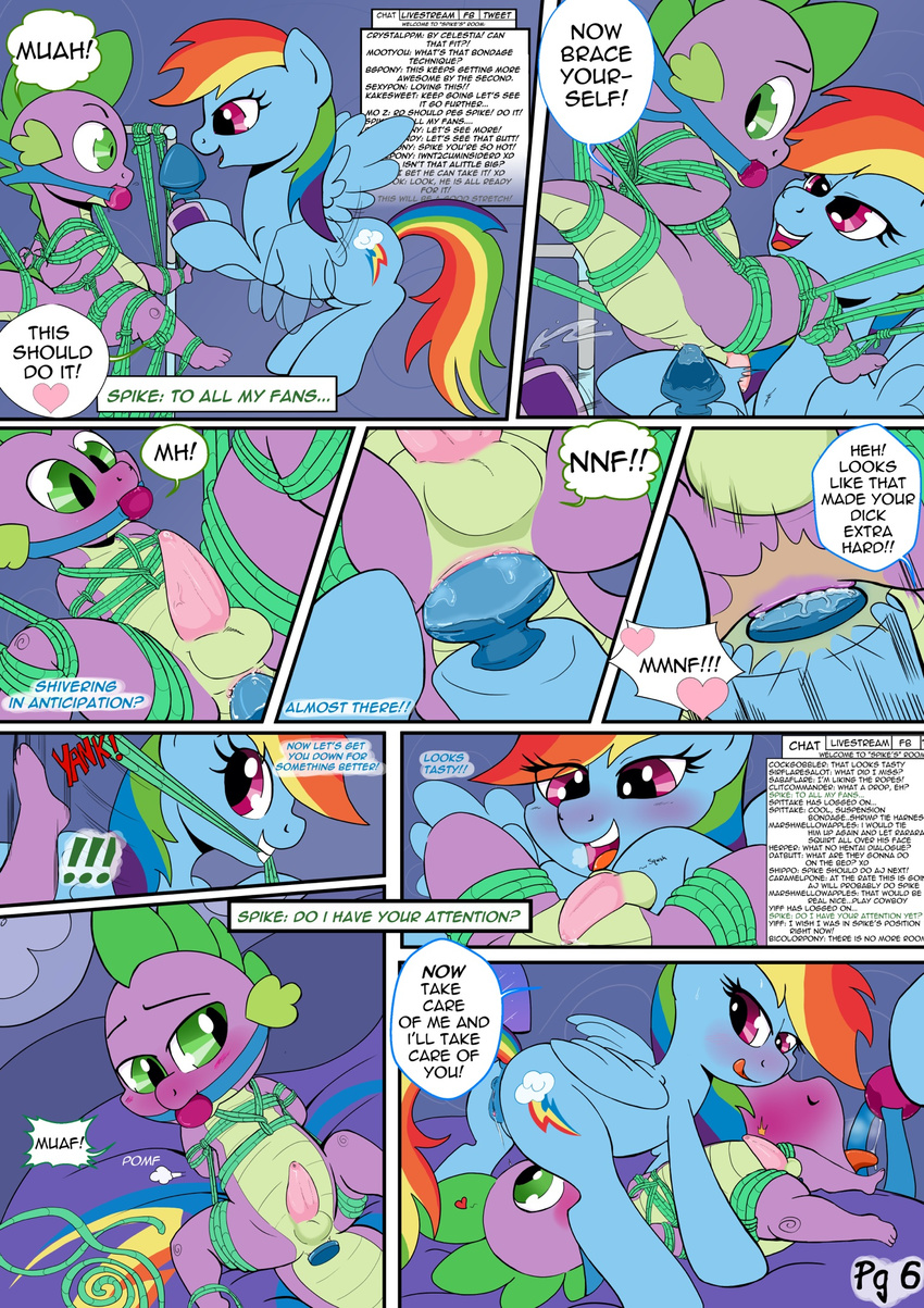 anus ball_gag bdsm bedroom blush bondage bound buttplug chatbox comic cub dialogue equine flying friendship_is_magic gag hi_res horse kyokimute lube mammal my_little_pony pegasus penis pong pony pussy rainbow_dash_(mlp) sex_toy spike_(disambiguation) suspension wet wings young