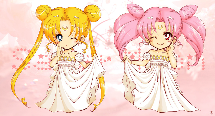 bare_shoulders beads bishoujo_senshi_sailor_moon blonde_hair blue_eyes chibi chibi_usa collarbone crescent double_bun dress earrings facial_mark forehead_mark full_body hair_beads hair_ornament highres jewelry long_hair multiple_girls nashiko_(tinyrelation) one_eye_closed princess_serenity skirt_hold small_lady_serenity smile star tsukino_usagi twintails very_long_hair watermark white_dress