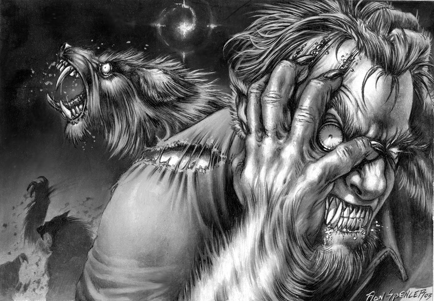 2009 angry attack beard blood canine claws clenched_teeth clothing detailed facial_hair fangs fobiapharmer foreshortening group growth hand_on_head hi_res human looking_at_viewer male mammal monochrome muscular night nightmare_fuel outside pencil rage saliva sharp_claws sharp_teeth shirt solo_focus star teeth tongue tongue_out torn_clothing traditional_media_(artwork) transformation were werewolf wounded