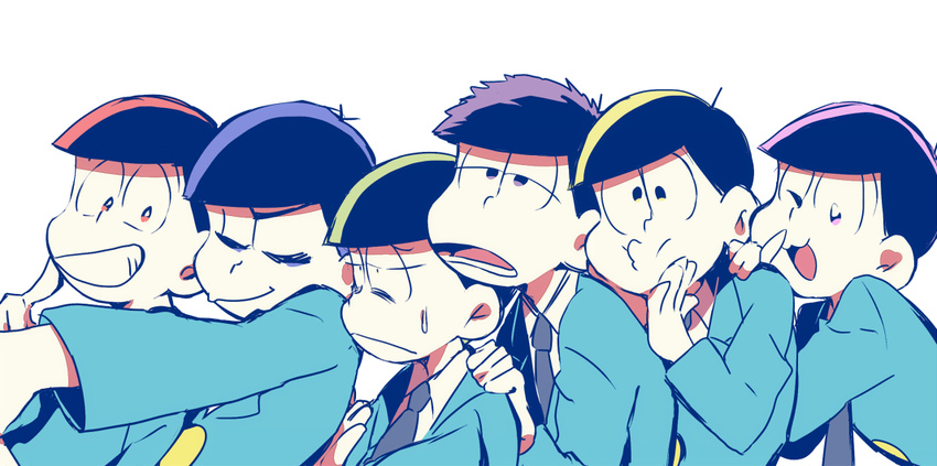 :t ;3 black_hair brothers chokota closed_eyes formal jitome male_focus matsuno_choromatsu matsuno_ichimatsu matsuno_juushimatsu matsuno_karamatsu matsuno_osomatsu matsuno_todomatsu messy_hair multiple_boys one_eye_closed osomatsu-kun osomatsu-san pile-up sextuplets siblings simple_background smile suit sweatdrop upper_body wall-eyed white_background