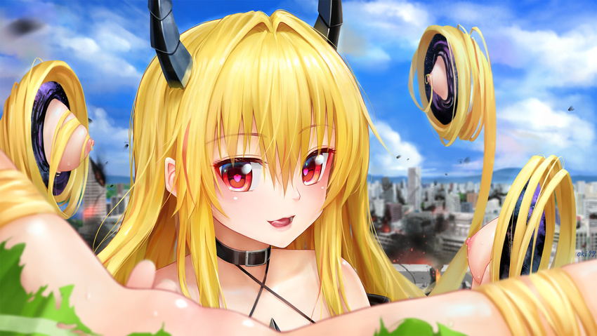 aki99 blonde_hair blue_sky breast_grab breasts choker city cloud day extra_breasts fire grabbing heart heart-shaped_pupils highres horns implied_fingering konjiki_no_yami licking_lips long_hair looking_at_viewer md5_mismatch nipples open_mouth outdoors portal_(object) red_eyes sky small_breasts smile solo spread_legs symbol-shaped_pupils to_love-ru tongue tongue_out very_long_hair
