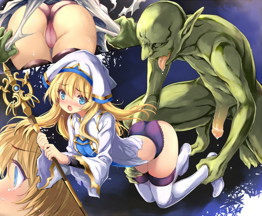 1girl ankle_grab ass blonde_hair blue_eyes blush commentary_request eyebrows_visible_through_hair goblin goblin_slayer! green_skin hat highres holding holding_staff imminent_rape kneeling kumakou long_hair long_sleeves monster open_mouth panties penis pink_panties pointy_ears priestess_(goblin_slayer!) purple_panties staff tears thighhighs tongue tongue_out torn_clothes underwear white_hat white_legwear