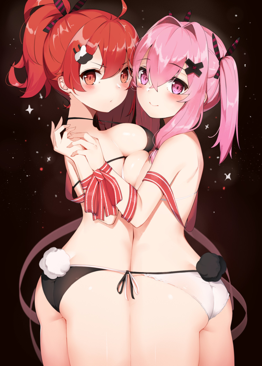 2girls ass bare_shoulders bikini black_bikini blush breasts bunny_tail closed_mouth collarbone commentary gin00 girls_frontline hair_intakes hair_ornament hair_ribbon hairclip hands_together hands_up head_tilt high_ponytail highres k31_(girls_frontline) large_breasts long_hair looking_at_viewer looking_to_the_side medium_breasts mp7_(girls_frontline) multiple_girls pink_eyes pink_hair ponytail red_eyes red_hair red_ribbon ribbon side-tie_bikini sidelocks smile striped striped_ribbon swimsuit tail twintails white_bikini x_hair_ornament