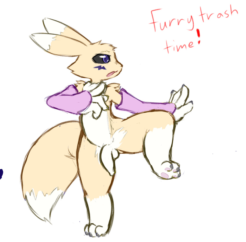 action_pose anthro arm_sleeves armwear balls barefoot canine cub digimon english_text eternallytardy flaccid flat_colors fluffy_tail fox front_view long_foreskin looking_away male mammal mostly_nude open_mouth penis renamon solo standing_on_one_foot text uncut young