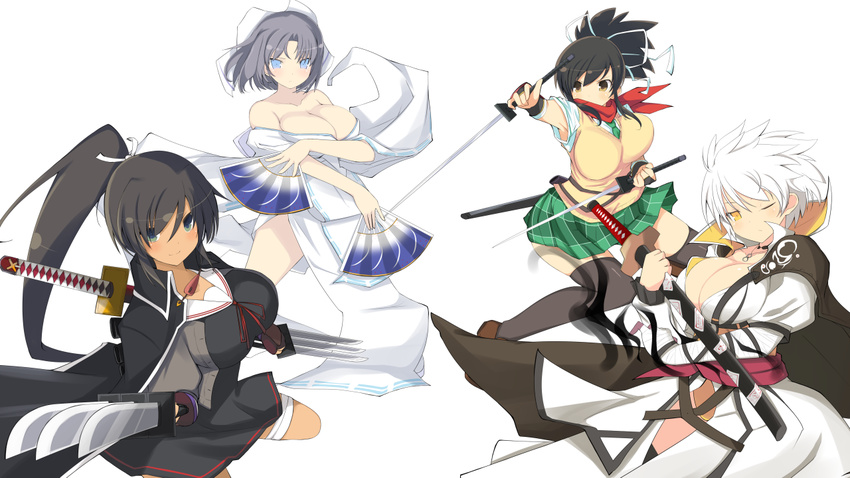 asuka_(senran_kagura) bare_shoulders black_gloves black_hair blue_eyes breasts brown_eyes brown_gloves cleavage dual_wielding fan fingerless_gloves folding_fan gloves grey_eyes grey_hair hair_ribbon holding homura_(senran_kagura) jacket japanese_clothes katana kimono large_breasts long_hair miyabi_(senran_kagura) multiple_girls off_shoulder official_style one_eye_closed plaid plaid_skirt ribbon scarf school_uniform senran_kagura senran_kagura_shinovi_versus short_hair skirt sword tan tenpesuto vest wakizashi weapon white_hair yellow_eyes yumi_(senran_kagura)