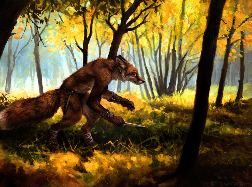 2015 5_fingers amber_eyes ambiguous_gender anthro armband autumn bandage black_lips black_nose brown_fur canine claws clothed clothing crouching dagger detailed detailed_background digitigrade ears_back fluffy_tail forest fox fur grass half-dressed hi_res humanoid_hands hunting inner_ear_fluff kenket loincloth long_mouth mammal melee_weapon nature no_sclera orange_eyes orange_fur outside painting photorealism pointy_ears red_fox scabbard side_view sneaking snout solo topless tree tribal weapon whiskers white_claws white_fur