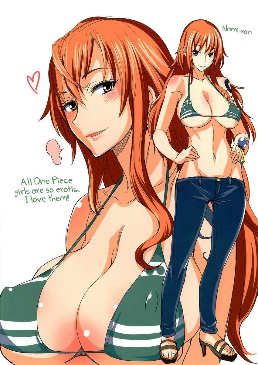 bikini_top bracelet breasts cleavage highres isao jewelry large_breasts lips long_hair nami_(one_piece) navel one_piece orange_hair smile solo tattoo
