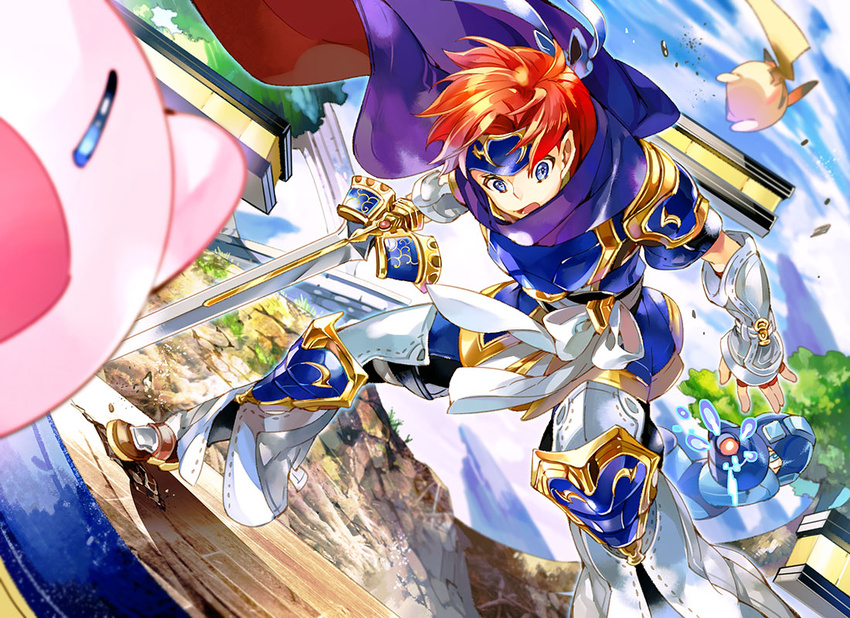 aiming arm_cannon armor battle blue_eyes boots breastplate cape cloud crossover day dutch_angle fingerless_gloves fire_emblem fire_emblem:_fuuin_no_tsurugi gen_1_pokemon gloves headband helmet holding holding_sword holding_weapon kirby kirby_(series) legs_apart mountain multiple_boys multiple_crossover noki_(affabile) out_of_frame outdoors pikachu pokemon pokemon_(creature) pokemon_(game) red_hair rock rockman rockman_(character) rockman_(classic) roy_(fire_emblem) running short_sleeves shoulder_armor sky spaulders standing stitches super_smash_bros. sword tree vambraces weapon