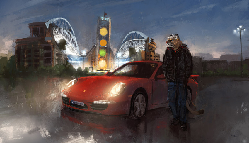 blue_eyes building car century_link_field city clothed clothing cougar detailed_background ear_piercing feline fur hair jacket looking_away male mammal night outside pants parking_lot piercing pink_nose porsche racoonwolf raining seattle shirt solo tan_fur vehicle white_hair
