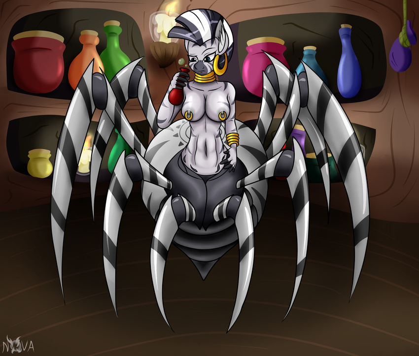 2015 arachnid areola arthropod blue_eyes bottle bracelet breasts drider equine female friendship_is_magic gold_(metal) golde_(metal) hi_res inside jewelry mammal my_little_pony neck_rings nipple_piercing nipples piercing posion solo spider stripes wolfyomega zebra zecora_(mlp)