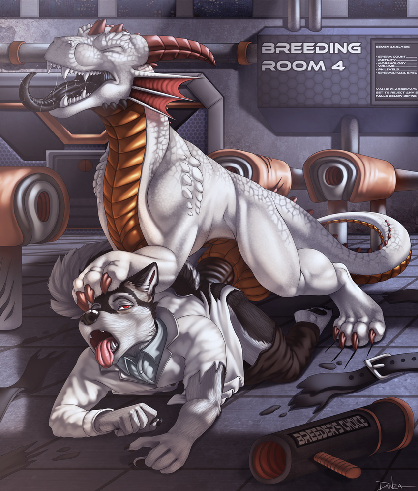2015 ahegao all_fours anal anal_penetration anthro anthro_on_feral balls bestiality black_fur canine claws clothing danza detailed_background doggystyle dragon duo english_text eyes_closed fangs feral forced from_behind front_view fur head_grab hi_res horn lab lab_coat long_tongue male male/male mammal mounting multicolored_fur open_mouth penetration penis red_eyes saliva scales scientist sex sharp_teeth signature teeth text toe_claws tongue tongue_out torn_clothing two_tone_fur white_fur white_scales wolf