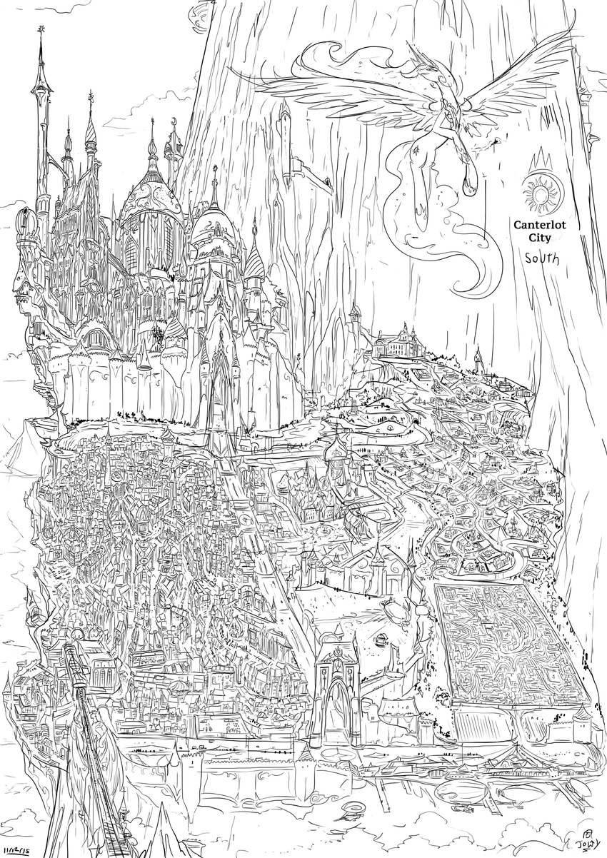 2015 absurd_res canterlot city equine female flying friendship_is_magic hi_res horn jowybean mammal maze monochrome mountain my_little_pony princess_celestia_(mlp) sketch tower winged_unicorn wings