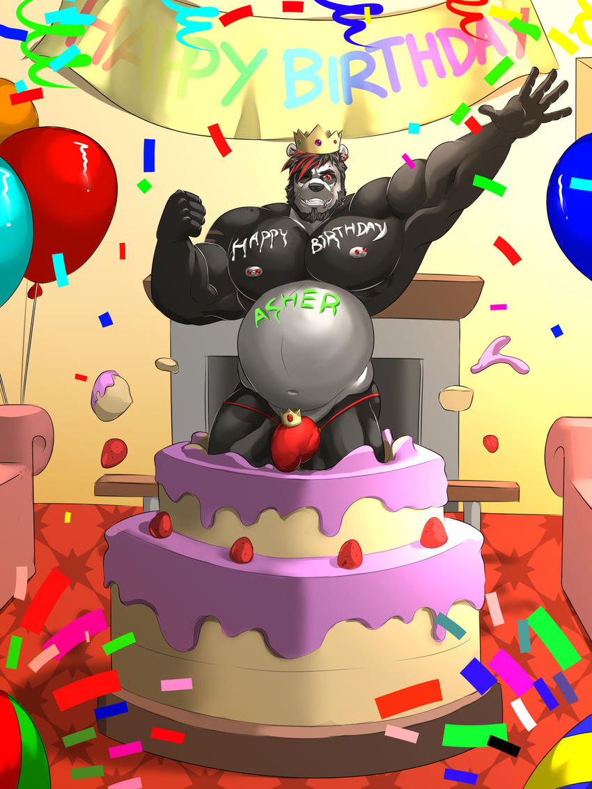 absurd_res anthro bear biceps birthday black_fur black_hair bulge cake clothing crown damien facial_piercing flexing food fur g-string hair hi_res male mammal musclegut muscular nipple_piercing nipples panda pecs piercing reclamon red_eyes solo text underwear