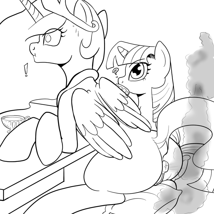 anus butt duo equine fart fart_fetish friendship_is_magic hi_res horn kyokimute_(artist) mammal monochrome my_little_pony princess_celestia_(mlp) pussy twilight_sparkle_(mlp) winged_unicorn wings