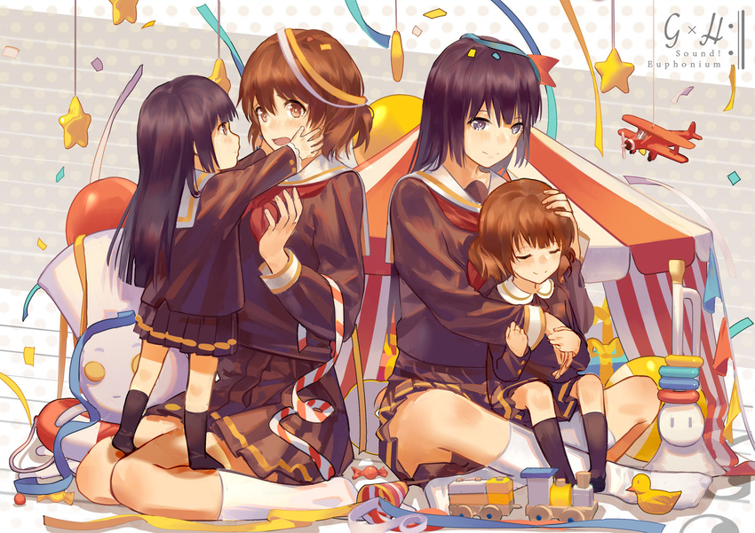 :o bangs blue_eyes blush brown_hair brown_skirt child circus closed_eyes commentary_request confetti copyright_name hands_on_another's_cheeks hands_on_another's_face head hibike!_euphonium highres horizontal_stripes hug if_they_mated indian_style instrument ips_cells kneehighs kousaka_reina long_hair long_sleeves mother_and_daughter multiple_girls neckerchief norizc oumae_kumiko party_popper pleated_skirt red_neckwear school_uniform serafuku short_hair sitting sitting_on_lap sitting_on_person skirt smile socks standing_on_person streamers striped surprised tent toy toy_airplane toy_train trumpet tuba-kun uniform wavy_hair yuri