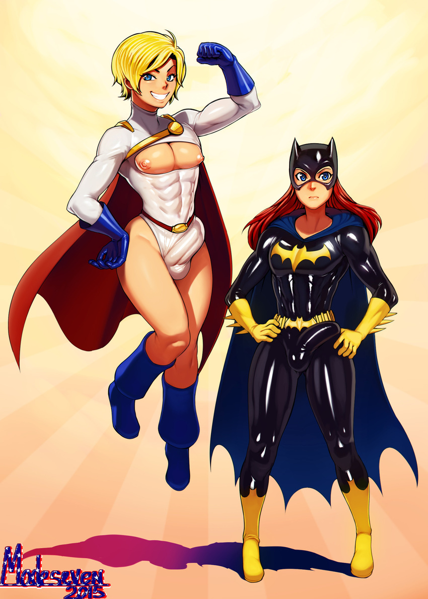 abs animal_ears bat_ears batgirl belt belt_buckle blonde_hair blue_eyes blue_footwear blue_gloves bodysuit boots buckle bulge cape cleavage_cutout crossdressing dated dc_comics elbow_gloves fake_animal_ears flexing flying full_body genderswap gloves gradient grin groin hand_on_hip hands_on_hips highleg highleg_leotard highres knee_boots latex leotard long_hair looking_at_viewer mask multiple_boys muscle nipples nitrotitan orange_background otoko_no_ko pose power_girl puffy_nipples red_hair serious shadow shiny shiny_clothes short_hair smile standing striped striped_background superhero yellow_footwear yellow_gloves