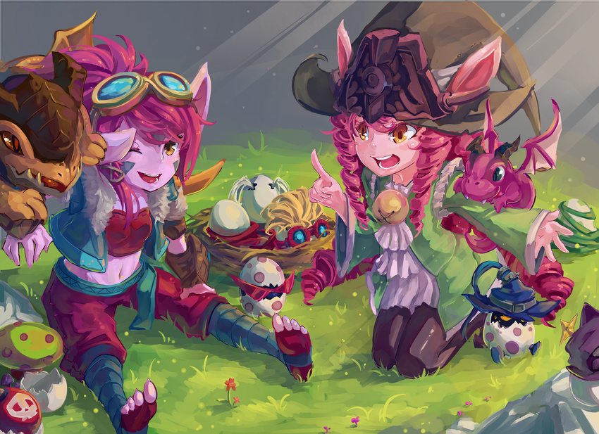 6+boys :d ;d alternate_hair_color amumu bell black_legwear blue_legwear bomb brown_eyes corki dragon dragon_tamer_lulu dragon_tamer_tristana drill_hair egg goggles goggles_on_head grass hat hatching heimerdinger highres index_finger_raised jingle_bell kennen kneeling kurokitsune_(float0108) league_of_legends lulu_(league_of_legends) multiple_boys multiple_girls mushroom navel nest one_eye_closed open_mouth outdoors pink_hair poppy purple_skin rumble_(league_of_legends) shuriken sitting smile sunglasses teemo toes tristana veigar witch_hat yellow_eyes yordle ziggs