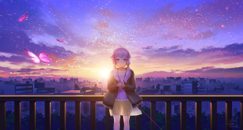 artist_name backlighting blush bug building butterfly city cityscape cloud hands_together hood hooded_jacket insect jacket lens_flare long_hair looking_at_viewer low_twintails mocha_(cotton) purple_eyes purple_hair railing scenery see-through signature skirt sky smile solo sun sunrise tree twintails vocaloid voiceroid yuzuki_yukari