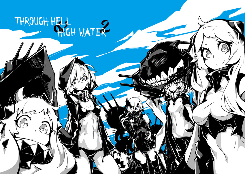 ahoge airfield_hime bikini blue_sky commentary_request cover cover_page day deel_(rkeg) doujin_cover enemy_aircraft_(kantai_collection) face_mask headgear highres horns kantai_collection long_hair looking_at_viewer machinery mask multiple_girls navel ne-class_heavy_cruiser northern_ocean_hime partially_colored re-class_battleship shinkaisei-kan short_hair sky smile swimsuit turret wo-class_aircraft_carrier