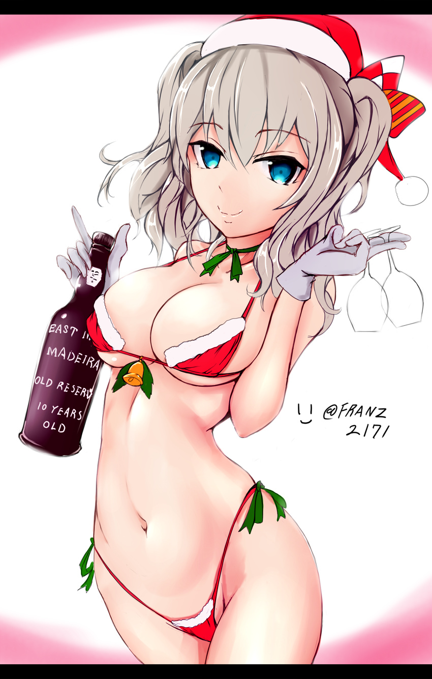 alternate_costume bangs bell between_fingers blue_eyes bottle bra breasts brown_panties christmas cleavage closed_mouth cowboy_shot cup drinking_glass eyebrows eyebrows_visible_through_hair franz_(217franz) fur_trim gloves gradient gradient_background green_ribbon hat highres holding holding_cup kantai_collection kashima_(kantai_collection) large_breasts letterboxed long_hair looking_at_viewer micro_bra navel panties red_bra red_hat red_panties ribbon santa_costume santa_hat sideboob silver_hair sketch smile solo string_panties twitter_username two_side_up underboob underwear underwear_only wine_bottle wine_glass |_|